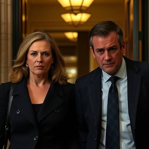 Clara Dupont et Marc Olivier quittant le tribunal séparément, l'air sombre et en colère.
