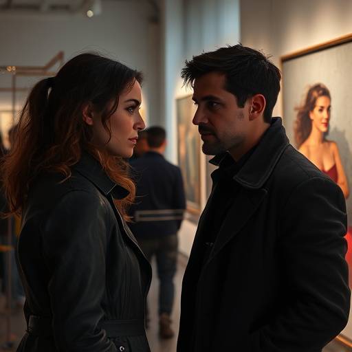 Isabelle Moreau et Antoine Laville lors d'une exposition d'art, l'atmosphère semblant tendue entre eux.