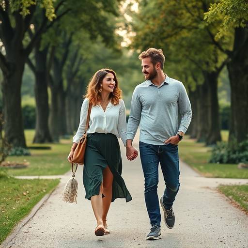 Sophie Leclerc et Thomas Bernard se promenant main dans la main dans un parc parisien, souriant et visiblement amoureux.