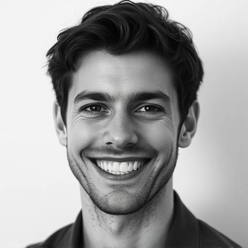 Un portrait en noir et blanc de Gaspard Ulliel, souriant et regardant l'objectif.