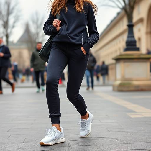 Une influenceuse de mode adoptant le style athleisure dans les rues de Paris, portant un jogging chic et des baskets tendance.
