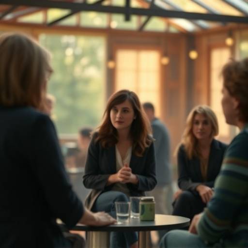 Une photo floue du plateau de tournage du prochain film de Claire Lefevre, montrant des membres de l'équipe discutant avec animation.