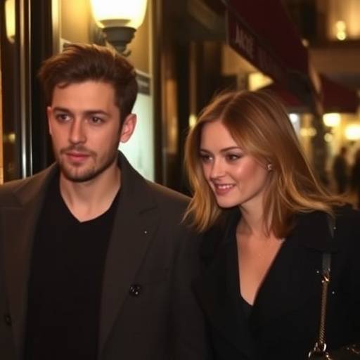 Une photo floue prise par un paparazzi de Gabriel Dubois et Chloé Bernard quittant discrètement un restaurant parisien tard dans la nuit.