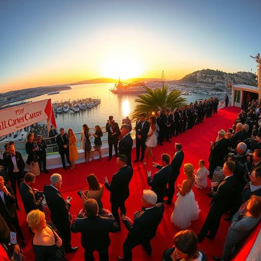 Une vue panoramique du tapis rouge du Festival de Cannes, avec des célébrités posant pour les photographes.